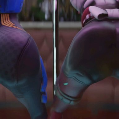 overwatch, overwatch 2, kiriko (overwatch), tracer, kishi, 2girls, ass, ass focus, ass on glass, ass press, bodysuit, brown hair, from behind, green hair, huge ass