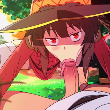 megumin, satou kazuma, d-art, 1boy, 1girl, 1girls, aged up, ass, blowjob, blowjob face, breasts, brown eyes, female, hair, licking