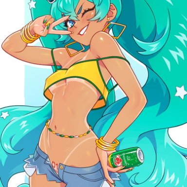 vocaloid, brazilian miku, hatsune miku, kajinman, alcohol, alcoholic beverage, alcoholic drink, ass, beverage, beverage can, blue eyes, blue hair, brazilian, breasts, can