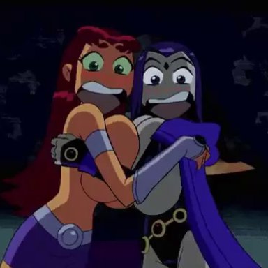 cartoon network, dc, dc comics, teen titans, rachel roth, raven (dc), starfire, tamaranean, yetig, 2girls, alternate breast size, belt, big breasts, big tits squeezed together, breast press