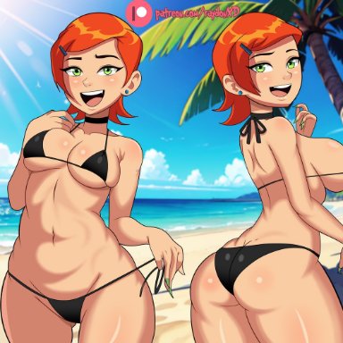 ben 10, cartoon network, gwen tennyson, gwen tennyson (classic), raydonxd, beach, belly button, bikini, black bikini, chocker, choker, female, female only, green eyes, hair clip