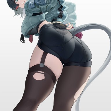 zenless zone zero, jane doe (zenless zone zero), aqua eyes, ass, black hair, black pantyhose, black shorts, black thighhighs, derlyt, feet out of frame, female, fingerless gloves, gloves, gradient background, grey background