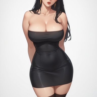 spy x family, yor briar, yor forger, iknowkungfu42, 1girls, alternate costume, arms behind back, bangs, bare shoulders, big breasts, black clothing, black dress, black hair, blush, breasts