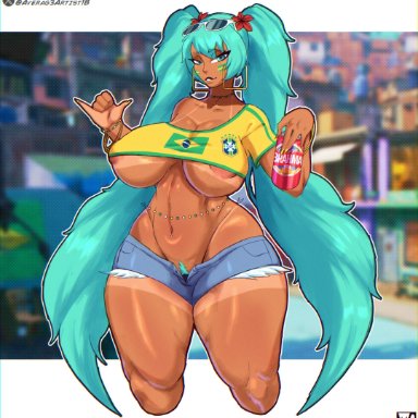 vocaloid, brazilian miku, hatsune miku, averag3artist18, 1girls, areola, areola slip, ass, big areola, big ass, big breasts, big thighs, brazilian, breasts, butt