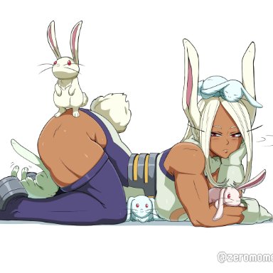 boku no hero academia, my hero academia, mirko, miruko, rumi usagiyama, zeromomentai, :/, 1girls, all fours, animal, animal ears, animal on arm, animal on ass, animal on head, animal on leg