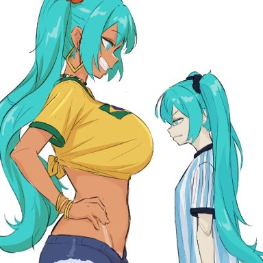 vocaloid, argentinian miku, brazilian miku, hatsune miku, dialkasper, 2girls, annoyed, argentina, argentinian, armlet, armlets, bare legs, big, big breasts, black hair ornament