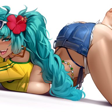 vocaloid, brazilian miku, hatsune miku, kairuhentai, kairunoburogu, 1girls, ass, ass up, big ass, big breasts, big thighs, blowjob gesture, blue eyes, blue hair, blush