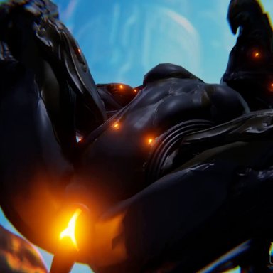 digital extremes, warframe, ember (warframe), ulfsark3d, dark-skinned male, female focus, female on top, glowing genitalia, glowing pussy, on top, vaginal penetration, vaginal sex, 3d, animated, blender