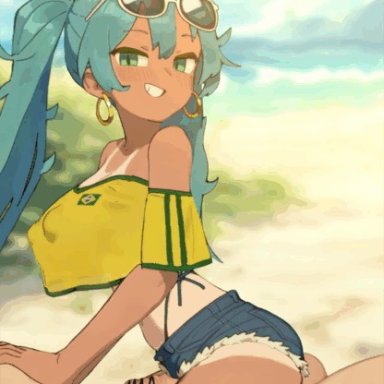 brazilian miku, hatsune miku, brittle, 1boy, aqua eyes, aqua hair, brazilian flag, covered nipples, crop top, crop top overhang, earrings, female, grin, grinding, grinding on penis