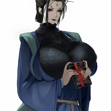 black myth: wukong, chinese mythology, 4th spider sister, character request, artist request, 1girls, black hair, clothed, clothing, curvaceous, curvy, curvy female, gift, gift box, gift wrapped