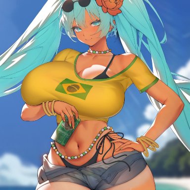 vocaloid, brazilian miku, hatsune miku, bread and butter, 1girls, 4 fingers, 5 fingers, arm under breasts, beach, beach background, belly, belly button, big boobs, big breasts, big hips