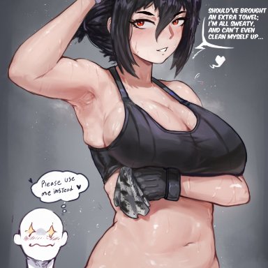 zenless zone zero, grace howard, mistadraws, arm up, armpits, big breasts, black hair, blush, breasts, female, female focus, female only, gloves, huge breasts, looking at viewer