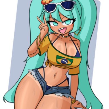 vocaloid, brazilian miku, hatsune miku, aviyne, 1girls, ass, big ass, big breasts, big thighs, breasts, butt, cleavage, cyan eyes, cyan hair, dark skin