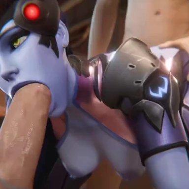 blizzard entertainment, overwatch, overwatch 2, amelie lacroix, widowmaker, empathetic-one, 1girls, 2boys, anal, anal sex, big penis, blowjob, blowjob face, blue hair, blue-skinned female