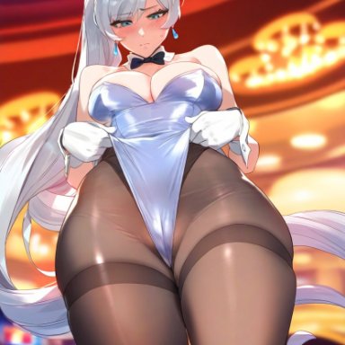 rwby, weiss schnee, 1girls, bunny ears, bunnysuit, cameltoe, casino, cuffs, daquavius pork pay, earrings, female, female focus, gloves, leotard, looking up