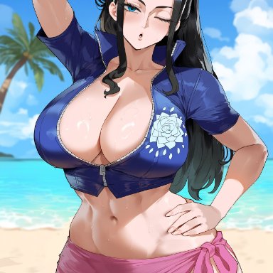 one piece, nico robin, creamy ai, beach, black hair, blue eyes, cleavage, curvy, female, female only, huge breasts, jacket, midriff, narrow waist, navel