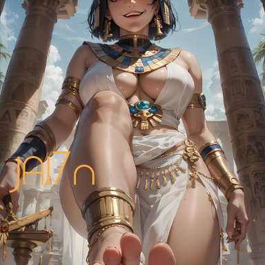 big breasts, black hair, bulge, bulge through clothing, cleavage cutout, dominant female, egyptian, egyptian clothes, egyptian female, evil grin, evil smile, feet, femdom, foot fetish, foot focus