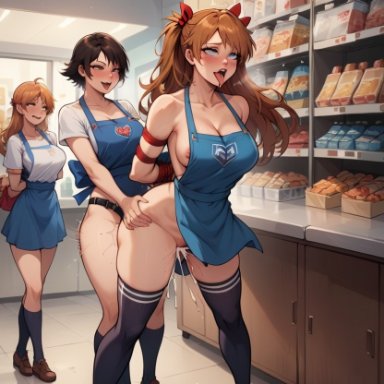 evangelion, neon genesis evangelion, tekken, asuka langley sohryu, kazama asuka, birdawg16, 3girls, apron, arms behind back, big breasts, bondage, breasts, breasts out, brown hair, chips