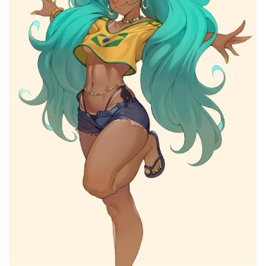 vocaloid, brazilian miku, hatsune miku, cheshirrr, 1girls, ass, big ass, big thighs, braless, brazilian flag, brazilian flag print, breasts, cyan eyes, cyan hair, dark-skinned female