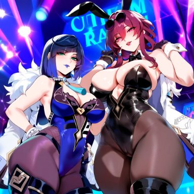 genshin impact, honkai: star rail, kafka (honkai: star rail), yelan (genshin impact), depressu, 2girls, bangs, bare shoulders, black leotard, bunny ears, bunny tail, bunnysuit, cleavage, covered navel, eyewear on head