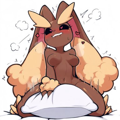 game freak, nintendo, pokemon, lopunny, pokemon (species), cold shrike, 1girls, anthro, aroused, biting lip, black sclera, breasts, brown body, brown fur, estrus