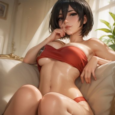 attack on titan, mikasa ackerman, bigrx, big breasts, naughty face, seductive, sexy pose, ai generated