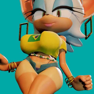 sonic (series), vocaloid, brazilian miku, hatsune miku, rouge the bat, jojomingles, 1girls, bouncing breasts, brazilian miku (cosplay), huge breasts, shortstack, solo female, 3d, animated, shorter than 10 seconds