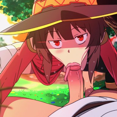 megumin, satou kazuma, d-art, 1boy, ass, breasts, brown eyes, female, hair, licking, licking penis, looking at viewer, male, oral, penis