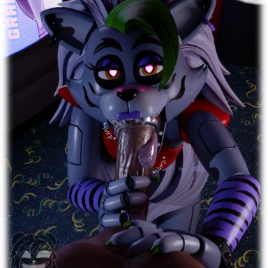 five nights at freddy's, roxanne wolf (fnaf), scrapkill, 1boy, 1girls, animatronic, anthro, blowjob, canid, canid humanoid, fellatio, furry, grey body, heart-shaped pupils, penis