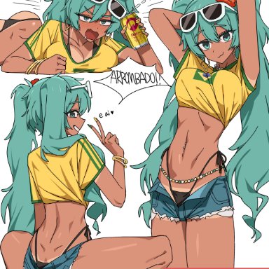 vocaloid, brazilian miku, hatsune miku, caststation, :3, 1girls, belly, belly button, bikini, black bikini, blush, brazil, brazilian, crop top, dark skin