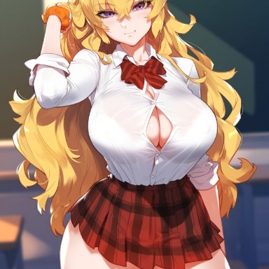 rwby, yang xiao long, 1girls, ahoge, big breasts, blonde hair, button gap, classroom, cleavage, curvy female, curvy figure, female, female focus, light skin, light-skinned female