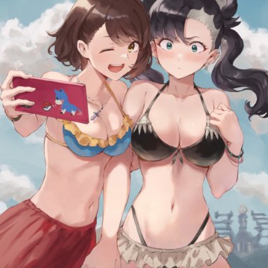 creatures (company), game freak, nintendo, pokemon, pokemon ss, gloria (pokemon), legendary pokemon, marnie (pokemon), zacian, jojobirdz, ;d, 2girls, alternate breast size, asymmetrical bangs, asymmetrical docking