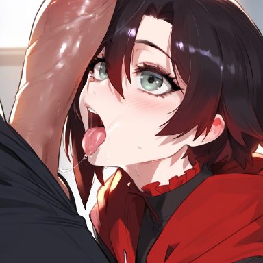 rwby, ruby rose, 1boy, 1girls, big penis, blush, cock awe, cock hungry, faceless male, female, grabbing legs, large penis, penis on face, precum, saliva