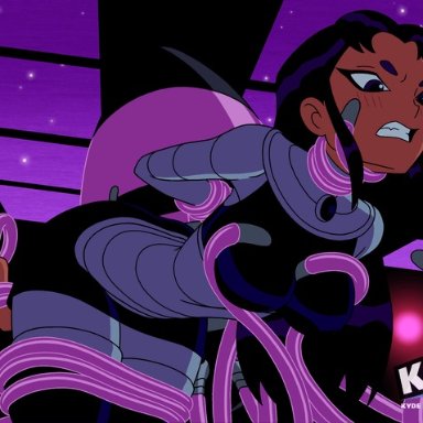 dc comics, teen titans, blackfire, tamaranean, kyde, 1girls, angry face, arms behind back, black hair, black legwear, blush, breast grab, clenched teeth, clothed sex, clothing