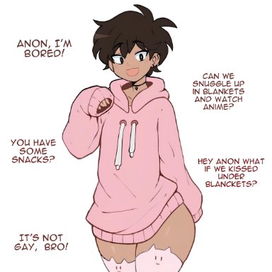 original, anime dork boyfriend meme, original character, ms pigtails, skyguyart, 1boy, 1femboy, big ass, big butt, big eyes, big thighs, choker, dark hair, dark skin, dark-skinned male