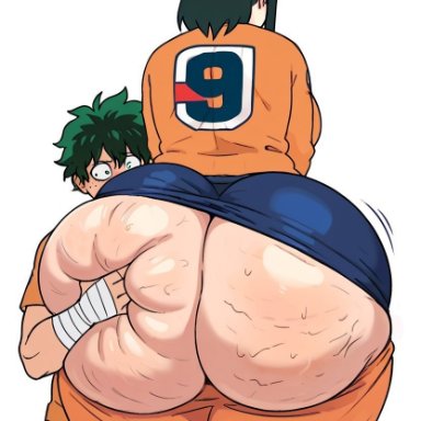 my hero academia, inko midoriya, izuku midoriya, 1boy, 1girls, ass focus, ass worship, bbw, bbw mom, blush, bubble butt, cellulite, fat ass, gigantic ass, green eyes