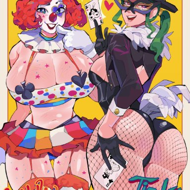 original, loony (diforland), tizka (diforland), diforland, big ass, blush, body markings, bunny ears, bunnysuit, clown, clown girl, clown makeup, female, female only, female/female