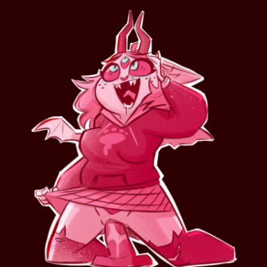 helluva boss, emberlynn pinkle (demon form), emberlynn pinkle (helluva boss), fluttershythekind, 1girls, big breasts, demon, dildo, drool, eyes rolling back, female, female focus, female only, holding skirt, hoodie