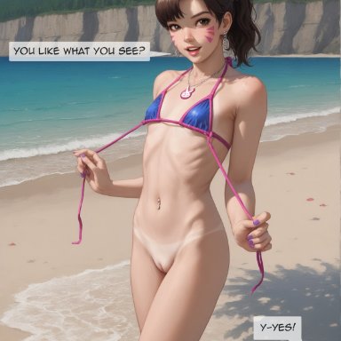 overwatch, overwatch 2, d.va, xsfmworks, beach, bikini, brown hair, day, earrings, eyes, eyewear, facial, female, flower in hair, jewelry