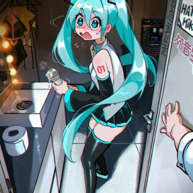 pornhub, vocaloid, hatsune miku, snegovski, @ @, 1boy, aqua eyes, aqua hair, arm tattoo, black skirt, black sleeves, black thighhighs, blush, caught, computer