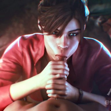 resident evil, resident evil 2, resident evil 2 remake, claire redfield, nithes, 1boy, 1girls, blowjob, blowjob face, blowjob pov, brown hair, eye contact, fellatio, on knees, ponytail