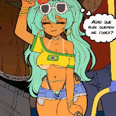 vocaloid, brazilian miku, hatsune miku, algozhell, areolae, bare midriff, big breasts, bracelet, brazil, brazilian, brazilian female, breasts, bus, busty, closed eyes