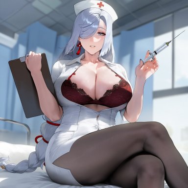 genshin impact, hoyoverse, shenhe (genshin impact), liu (artist), alternate costume, braid, braided hair, breasts out, crossed legs, from below, holding object, hospital, hospital bed, huge breasts, infirmary