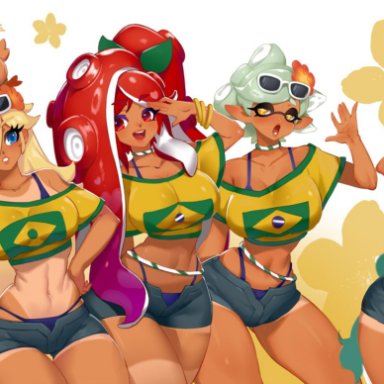 mario (series), nintendo, splatoon, splatoon (series), splatoon 2, vocaloid, agent 8 (splatoon), brazilian miku, hatsune miku, marina (splatoon), octoling, octoling girl, princess rosalina, little blood, 5girls