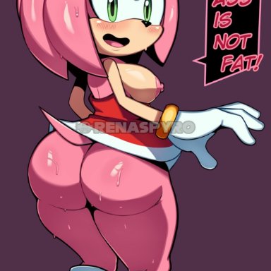 sega, sonic (series), sonic the hedgehog (series), amy rose, mobian (species), renaspyro, 1girls, anthro, big ass, big butt, bottomless, breasts, caked up, embarrassed, embarrassed female