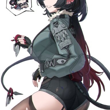 zenless zone zero, jane doe (zenless zone zero), purple z, 1girls, animal ears, ass, black gloves, black hair, black pantyhose, black shorts, black thighhighs, blush, chibi, chibi inset, female