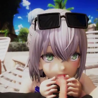 hololive, hololive fantasy, hololive gen 5, hololive japan, houshou marine, shirogane noel, yukihana lamy, cameel (cameel mmd), 1boy, 1boy1girl, 3girls, ahoge, beach, blowjob, blue hair