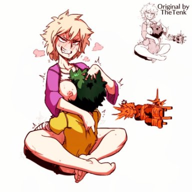 my hero academia, izuku midoriya, katsuki bakugou, mitsuki bakugou, thetenk, 1girls, 1milf, 2boys, age difference, angry, areolae, ass, barefoot, blonde hair, blush