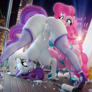 friendship is magic, hasbro, my little pony, mythology, pinkie pie (mlp), rarity (mlp), hooves-art, anthro, blender (artwork), bodily fluids, cum, cum in pussy, cum inside, duo, equid