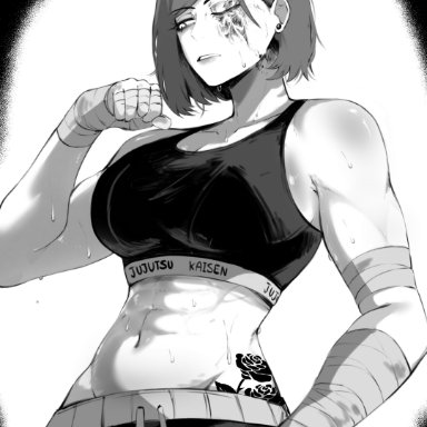 jujutsu kaisen, kugisaki nobara, masoq095, 1girls, abs, anime, athletic, athletic female, big breasts, blind eye, breasts, exercise, exercise clothing, female, female focus